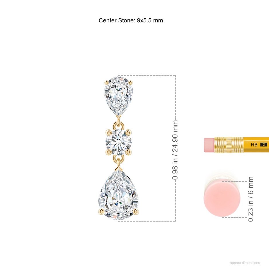 9x5.5mm FGVS Pear Lab-Grown Diamond Drop Earrings in Yellow Gold ruler