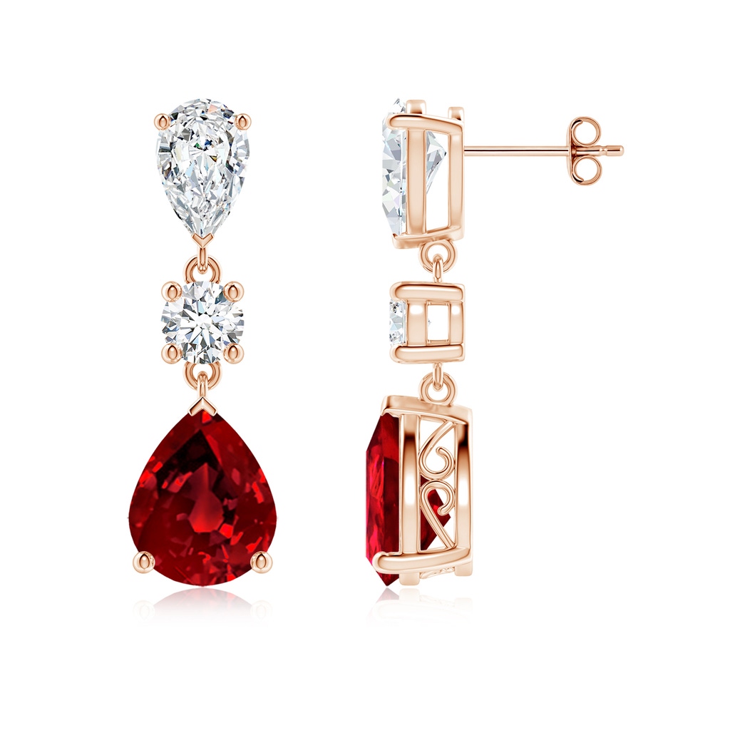 10x8mm Labgrown Pear Lab-Grown Ruby and Diamond Drop Earrings in Rose Gold