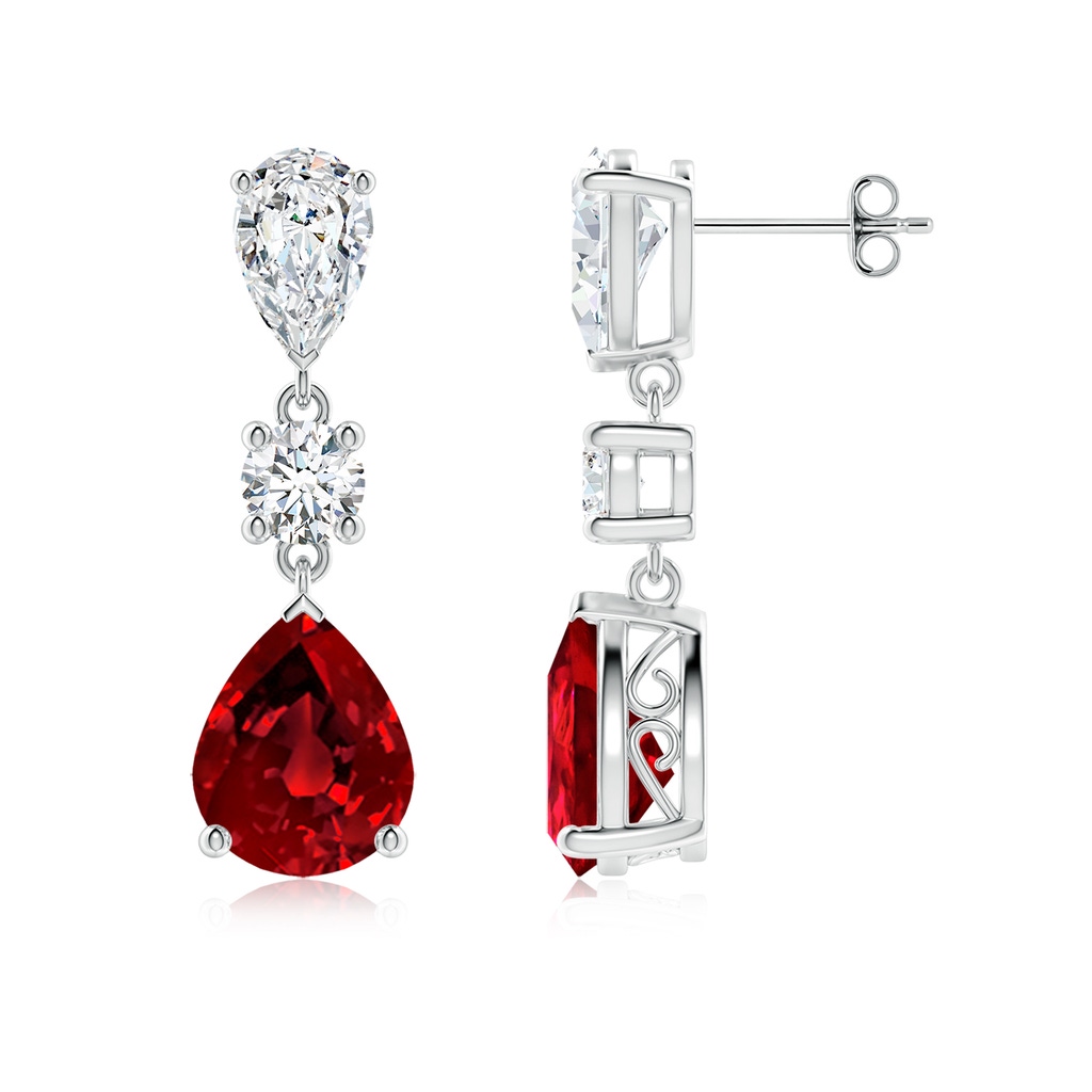10x8mm Labgrown Pear Lab-Grown Ruby and Diamond Drop Earrings in White Gold