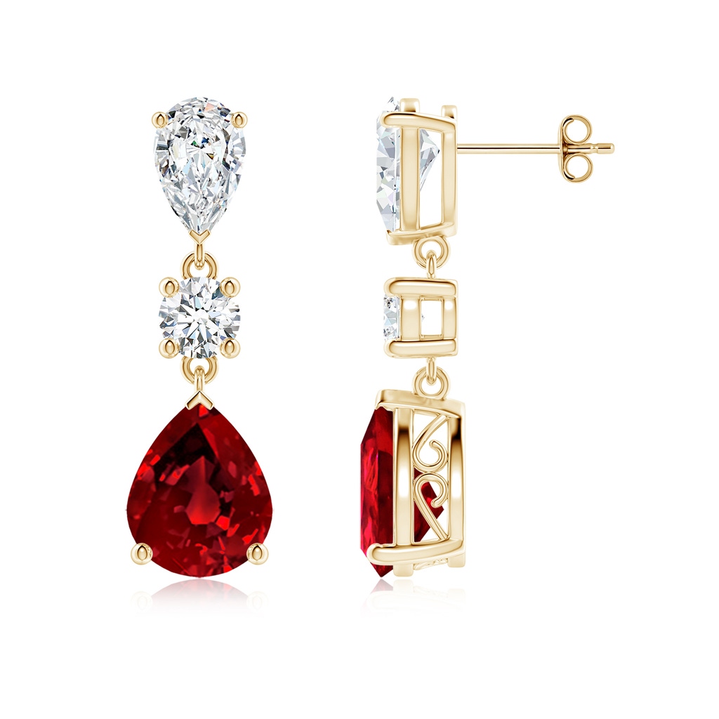 10x8mm Labgrown Pear Lab-Grown Ruby and Diamond Drop Earrings in Yellow Gold