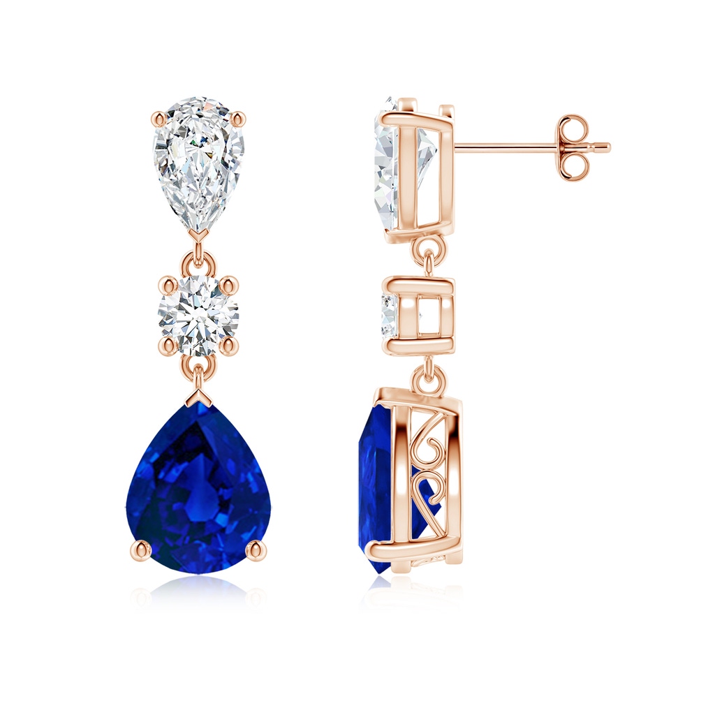 10x8mm Labgrown Pear Lab-Grown Blue Sapphire and Diamond Drop Earrings in Rose Gold