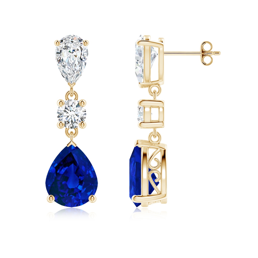 10x8mm Labgrown Pear Lab-Grown Blue Sapphire and Diamond Drop Earrings in Yellow Gold