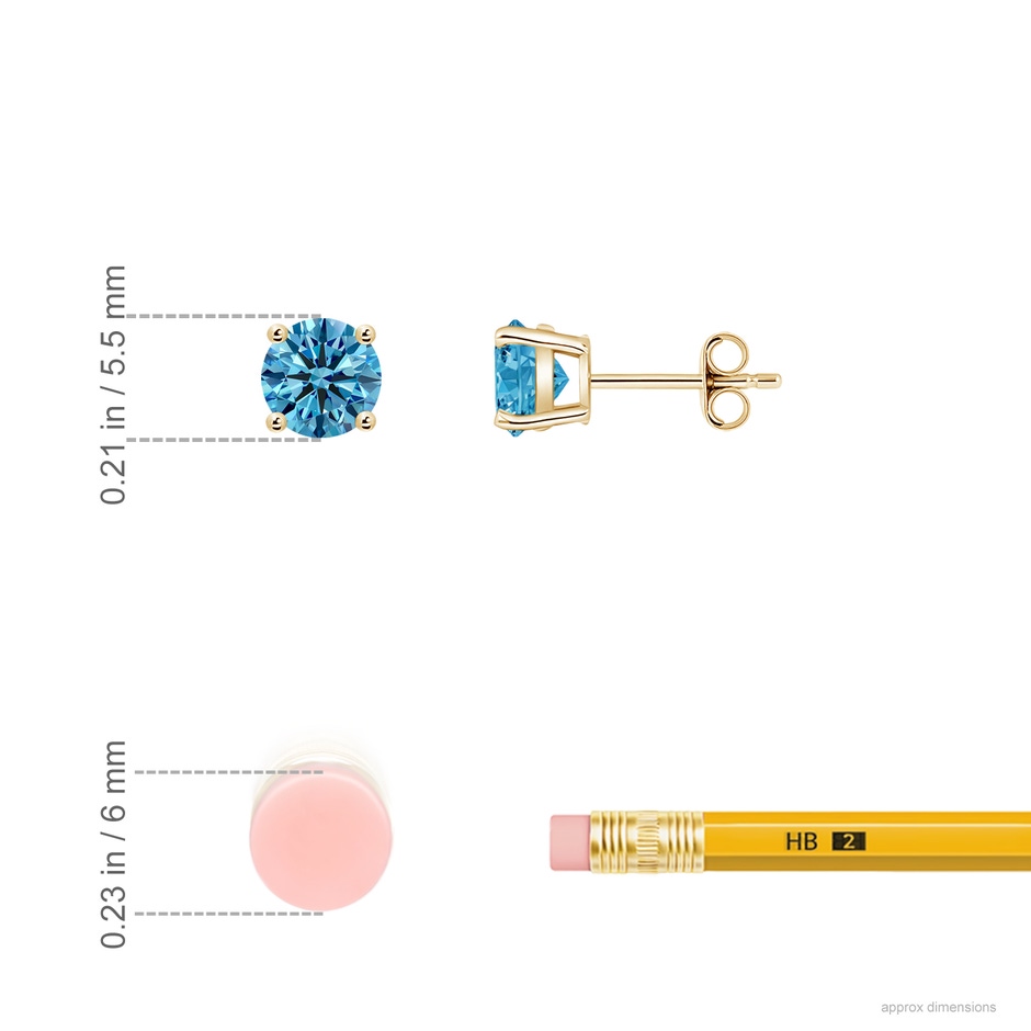 5.5mm Labgrown Basket-Set Solitaire Lab-Grown Fancy Intense Blue Diamond Stud Earrings in 18K Yellow Gold ruler