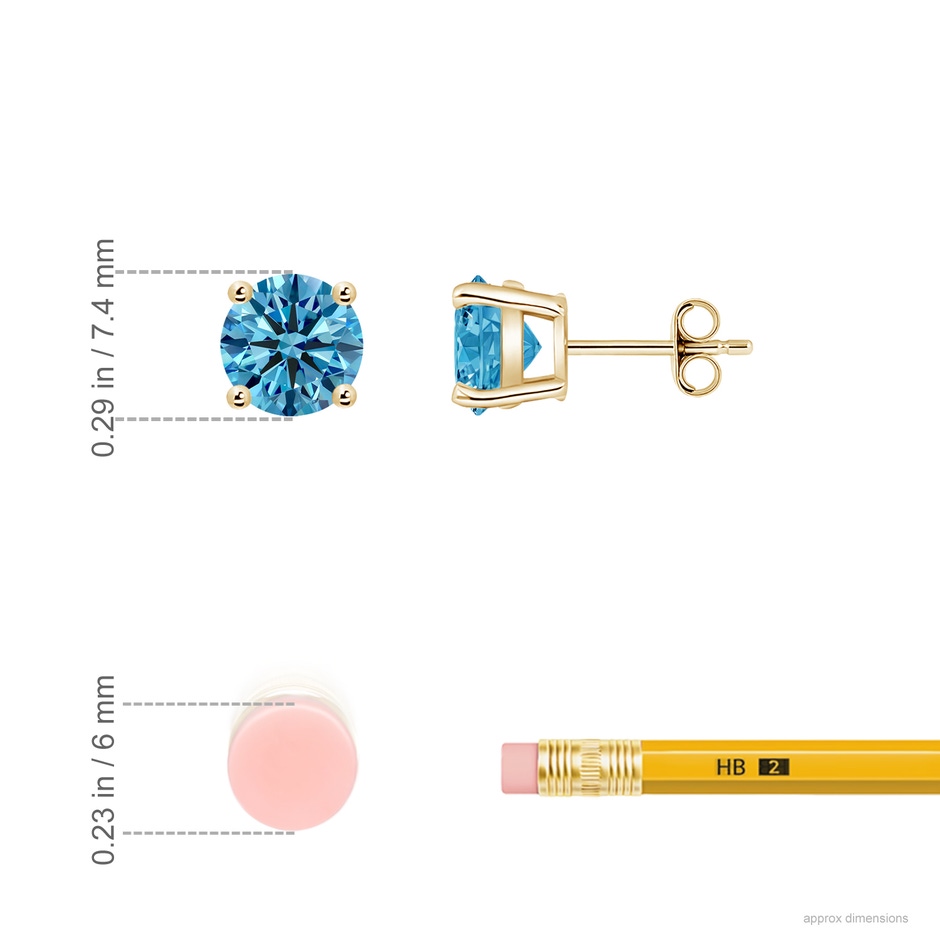 7.4mm Labgrown Basket-Set Solitaire Lab-Grown Fancy Intense Blue Diamond Stud Earrings in Yellow Gold ruler