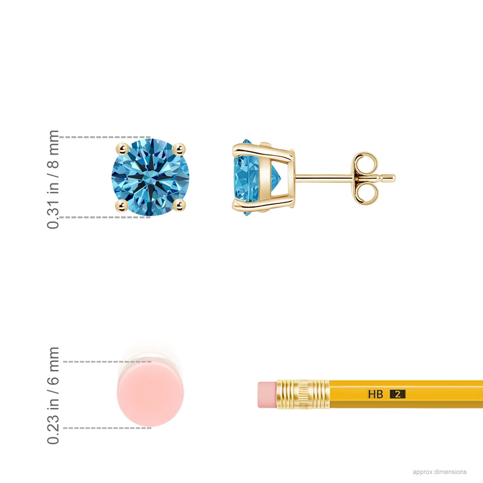 8.1mm Labgrown Basket-Set Solitaire Lab-Grown Fancy Intense Blue Diamond Stud Earrings in Yellow Gold ruler