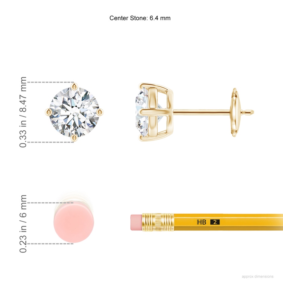 6.4mm FGVS Lab-Grown Basket-Set Solitaire Diamond Stud Earrings in Yellow Gold ruler