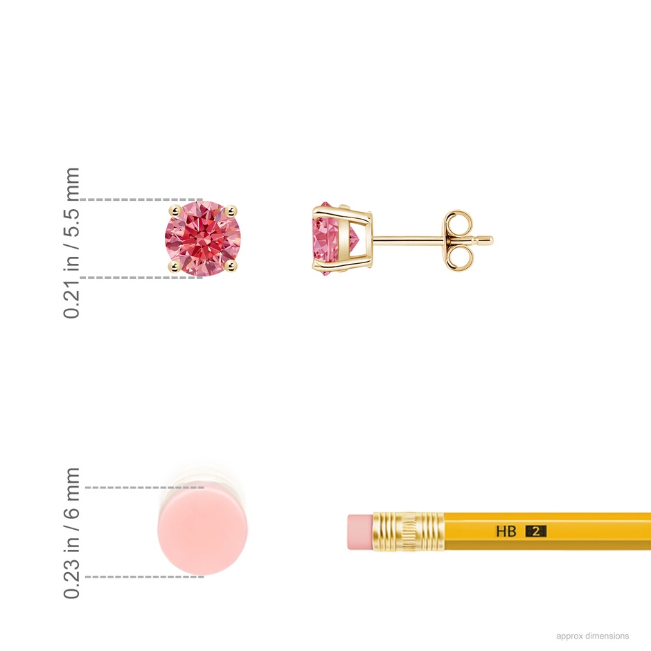 5.5mm Labgrown Basket-Set Solitaire Lab-Grown Fancy Intense Pink Diamond Stud Earrings in Yellow Gold ruler