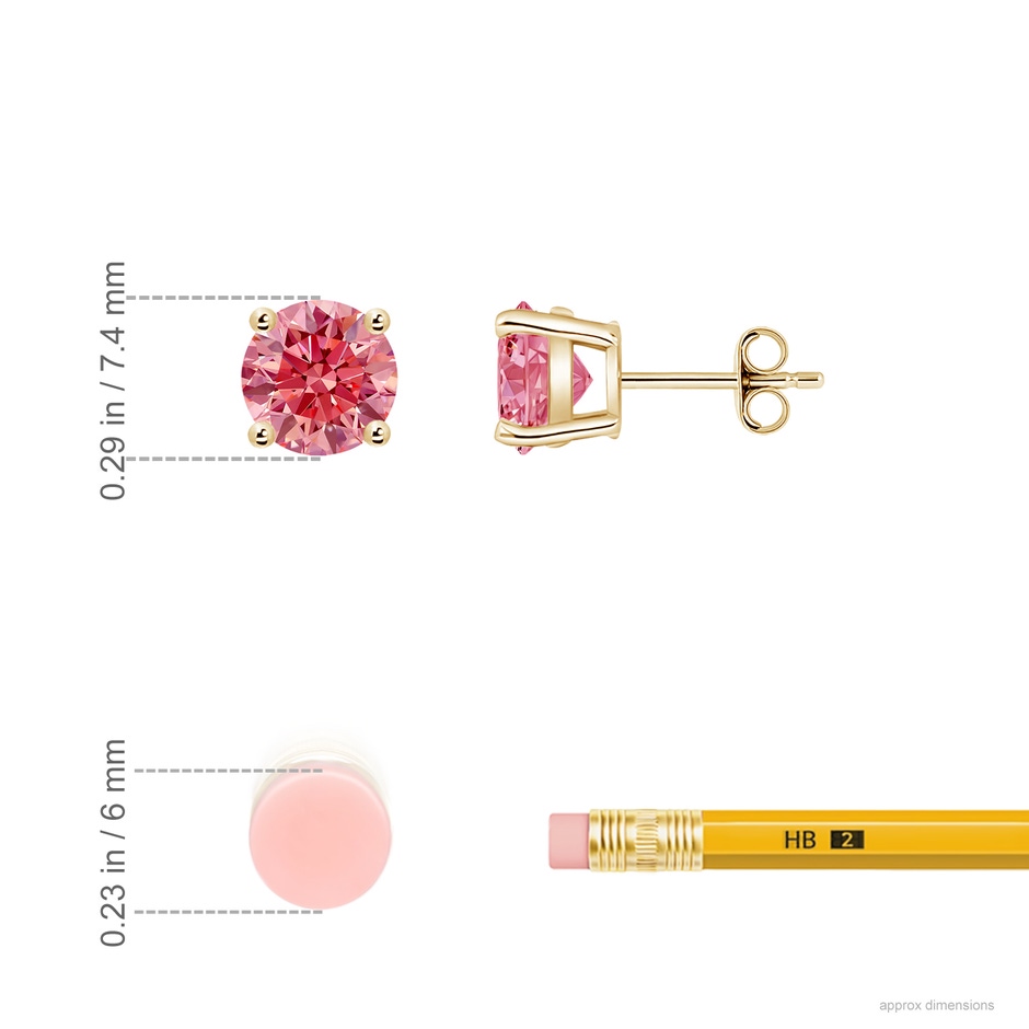 7.4mm Labgrown Basket-Set Solitaire Lab-Grown Fancy Intense Pink Diamond Stud Earrings in Yellow Gold ruler