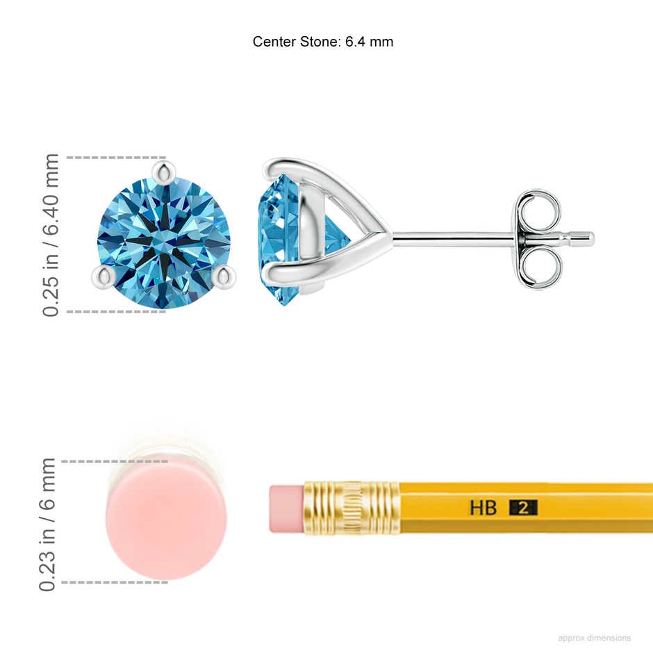 6.4mm Labgrown Prong-Set Round Lab-Grown Fancy Intense Blue Diamond Martini Stud Earrings in P950 Platinum ruler