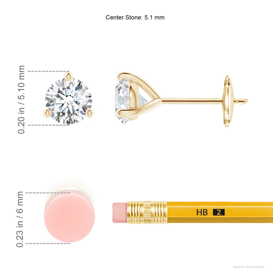 5.1mm FGVS Lab-Grown Prong-Set Round Diamond Martini Stud Earrings in Yellow Gold ruler