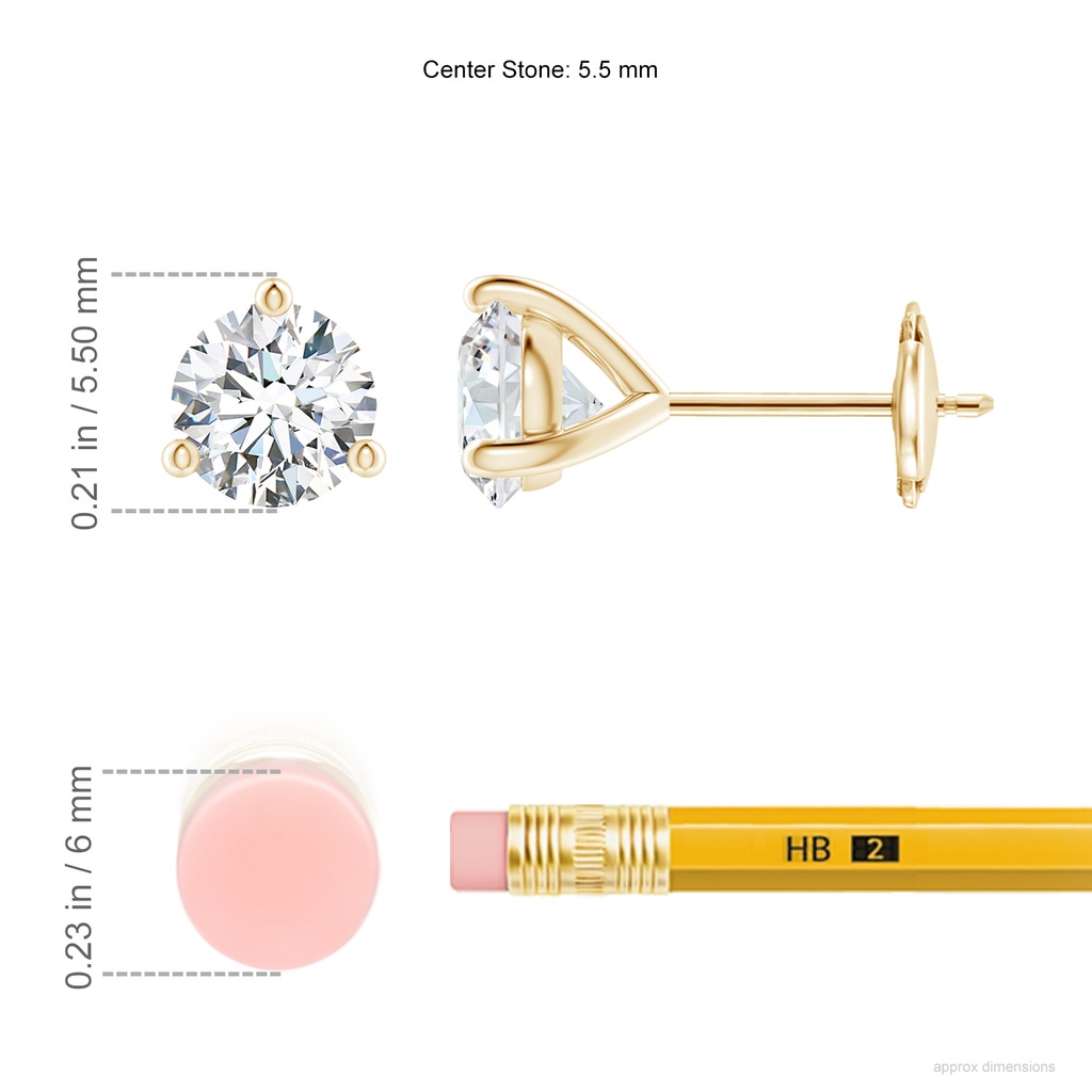 5.5mm FGVS Lab-Grown Prong-Set Round Diamond Martini Stud Earrings in Yellow Gold ruler
