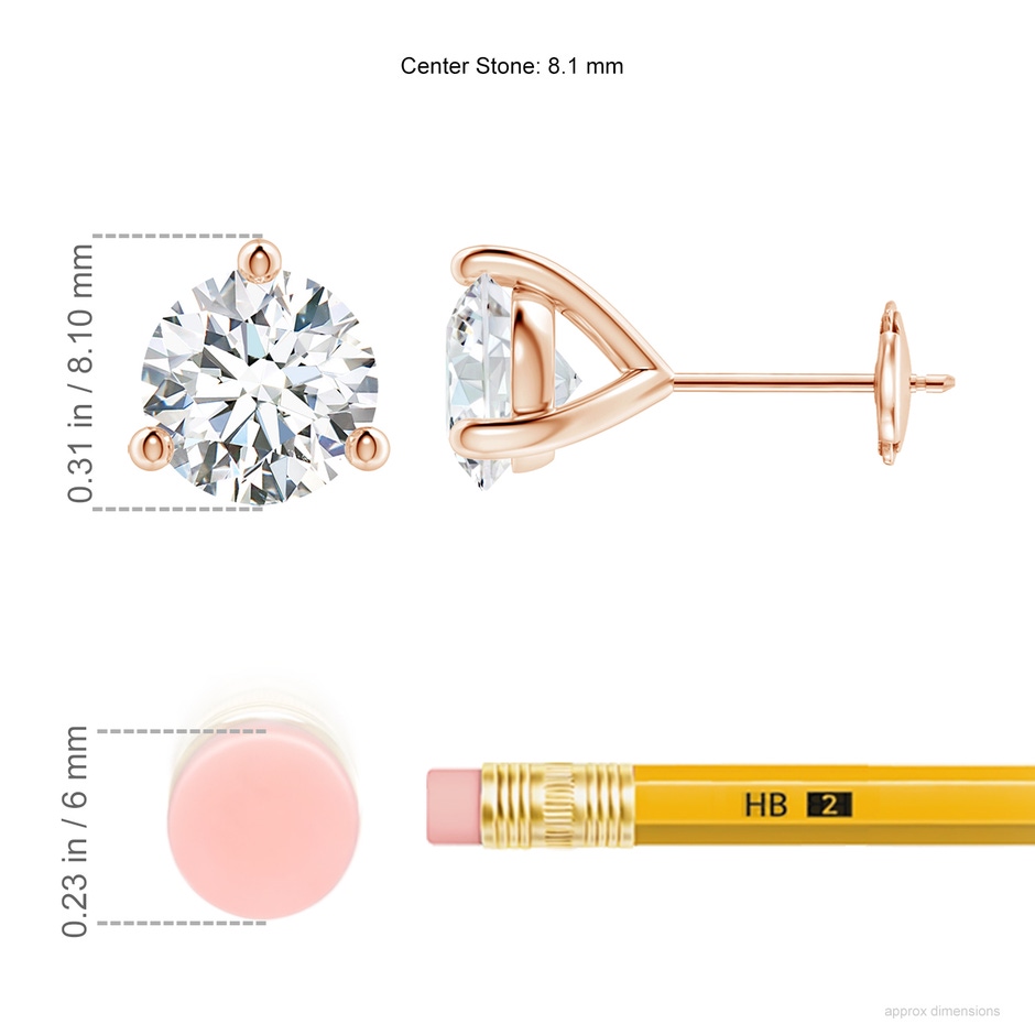 8.1mm FGVS Lab-Grown Prong-Set Round Diamond Martini Stud Earrings in Rose Gold ruler