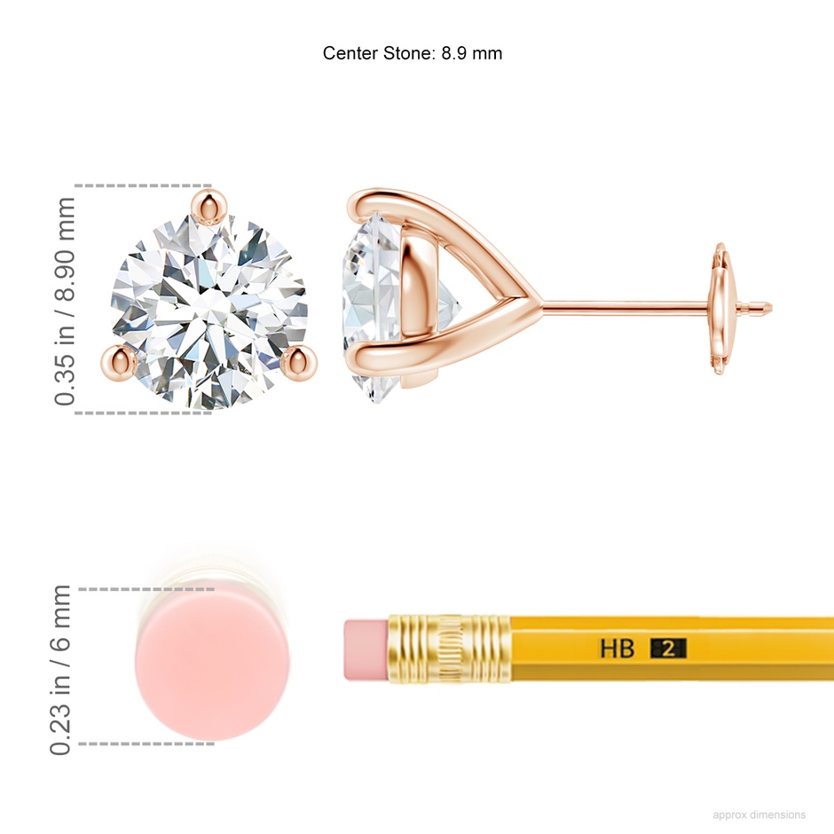 8.9mm FGVS Lab-Grown Prong-Set Round Diamond Martini Stud Earrings in 18K Rose Gold ruler