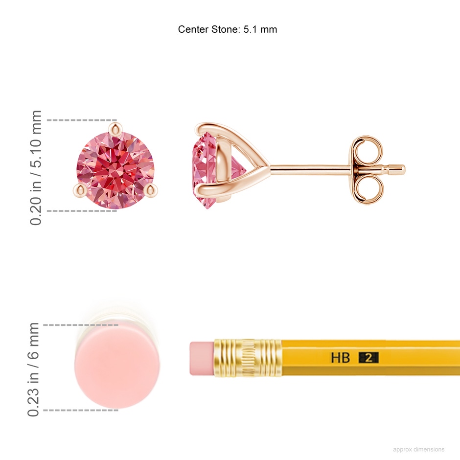 5.1mm Labgrown Prong-Set Round Lab-Grown Fancy Intense Pink Diamond Martini Stud Earrings in Rose Gold ruler