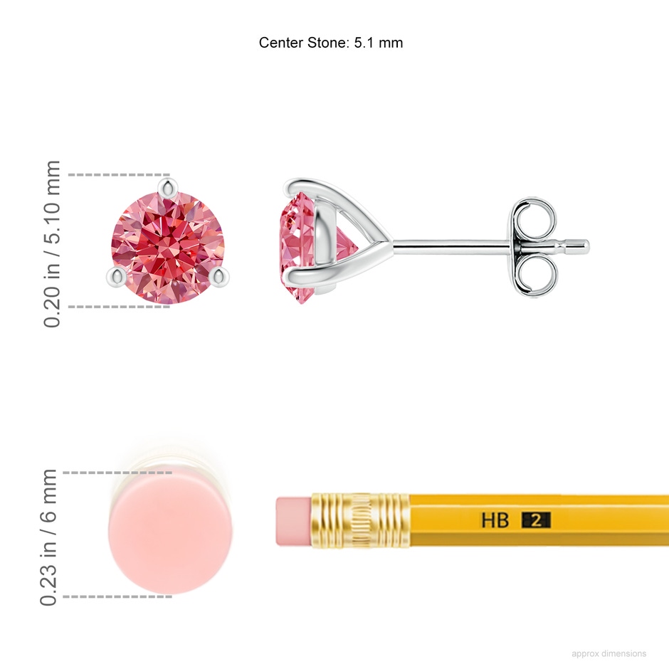 5.1mm Labgrown Prong-Set Round Lab-Grown Fancy Intense Pink Diamond Martini Stud Earrings in White Gold ruler