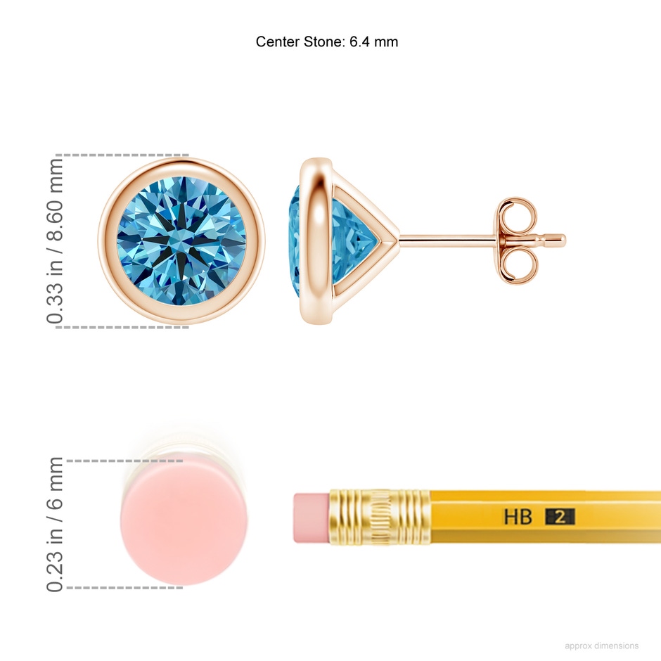 6.4mm Labgrown Bezel-Set Lab-Grown Fancy Intense Blue Diamond Martini Stud Earrings in Rose Gold ruler