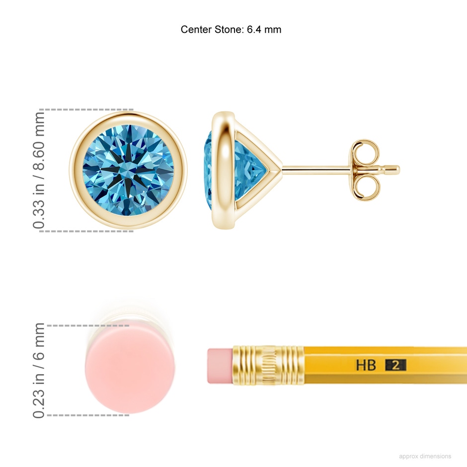 6.4mm Labgrown Bezel-Set Lab-Grown Fancy Intense Blue Diamond Martini Stud Earrings in Yellow Gold ruler