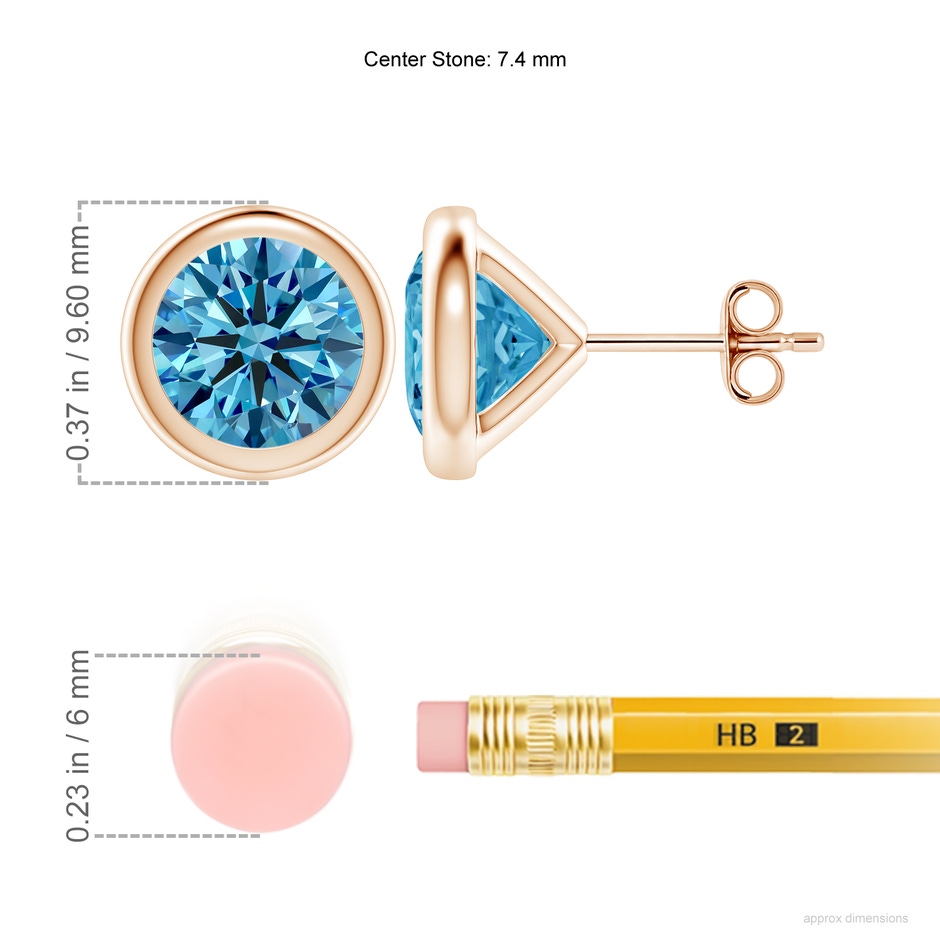 7.4mm Labgrown Bezel-Set Lab-Grown Fancy Intense Blue Diamond Martini Stud Earrings in Rose Gold ruler