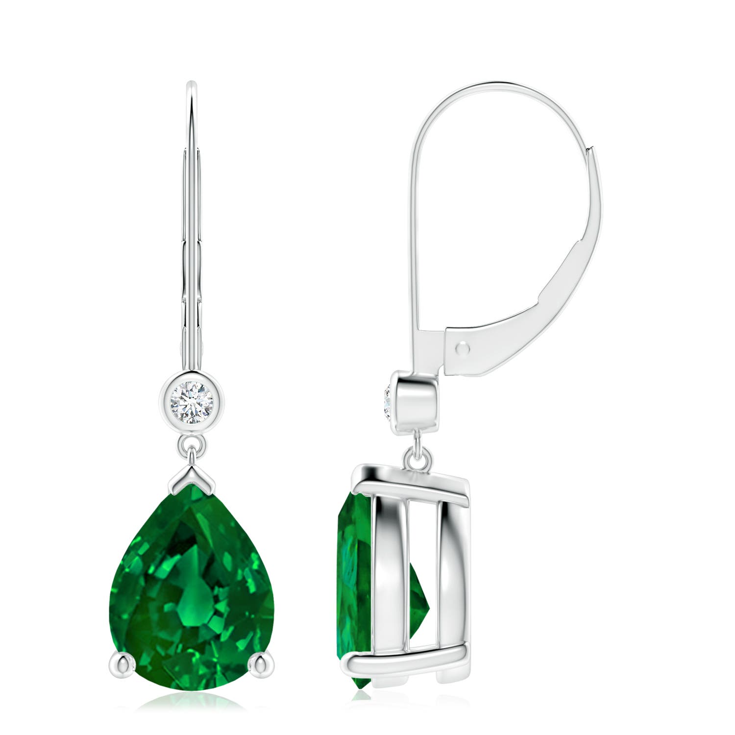 10x8mm Labgrown Lab-Grown Pear-Shaped Emerald Leverback Drop Earrings with Lab Diamond in 18K White Gold