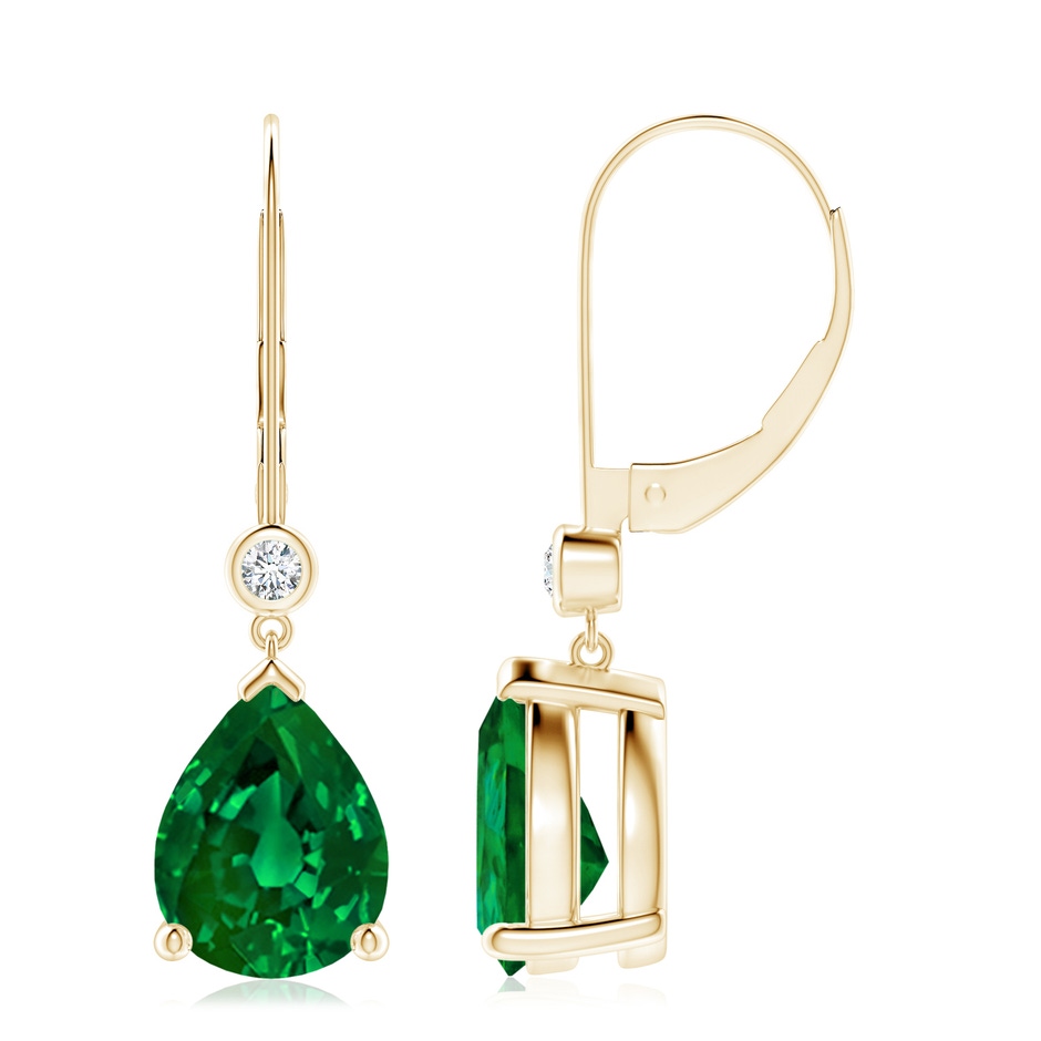 10x8mm Labgrown Lab-Grown Pear-Shaped Emerald Leverback Drop Earrings with Lab Diamond in 18K Yellow Gold 