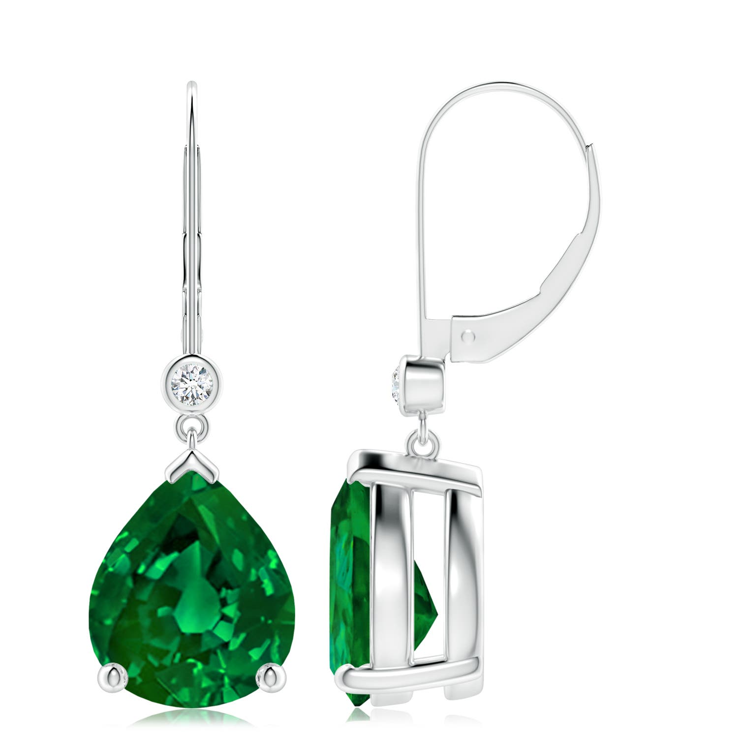 12x10mm Labgrown Lab-Grown Pear-Shaped Emerald Leverback Drop Earrings with Lab Diamond in 18K White Gold