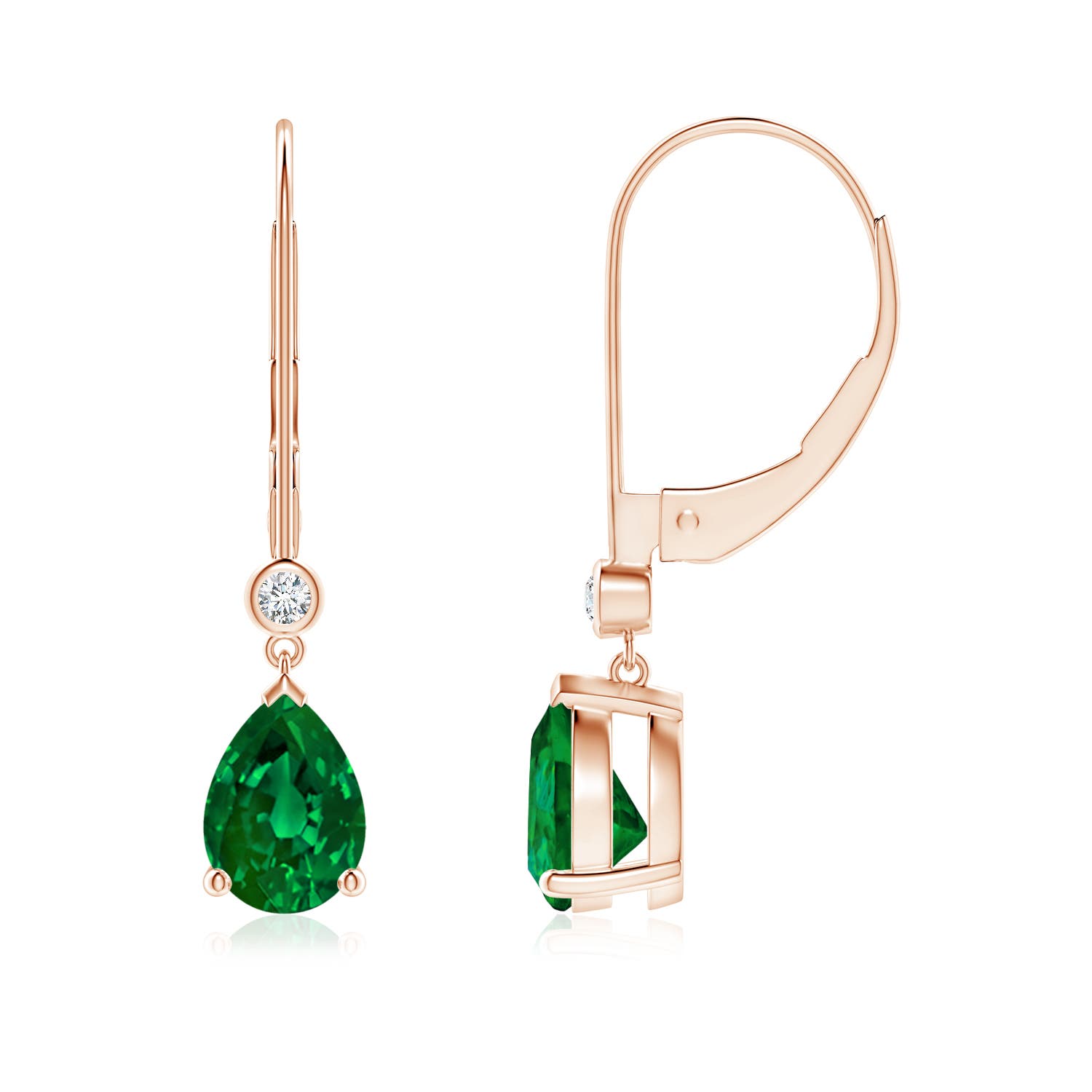 7x5mm Labgrown Lab-Grown Pear-Shaped Emerald Leverback Drop Earrings with Lab Diamond in 18K Rose Gold