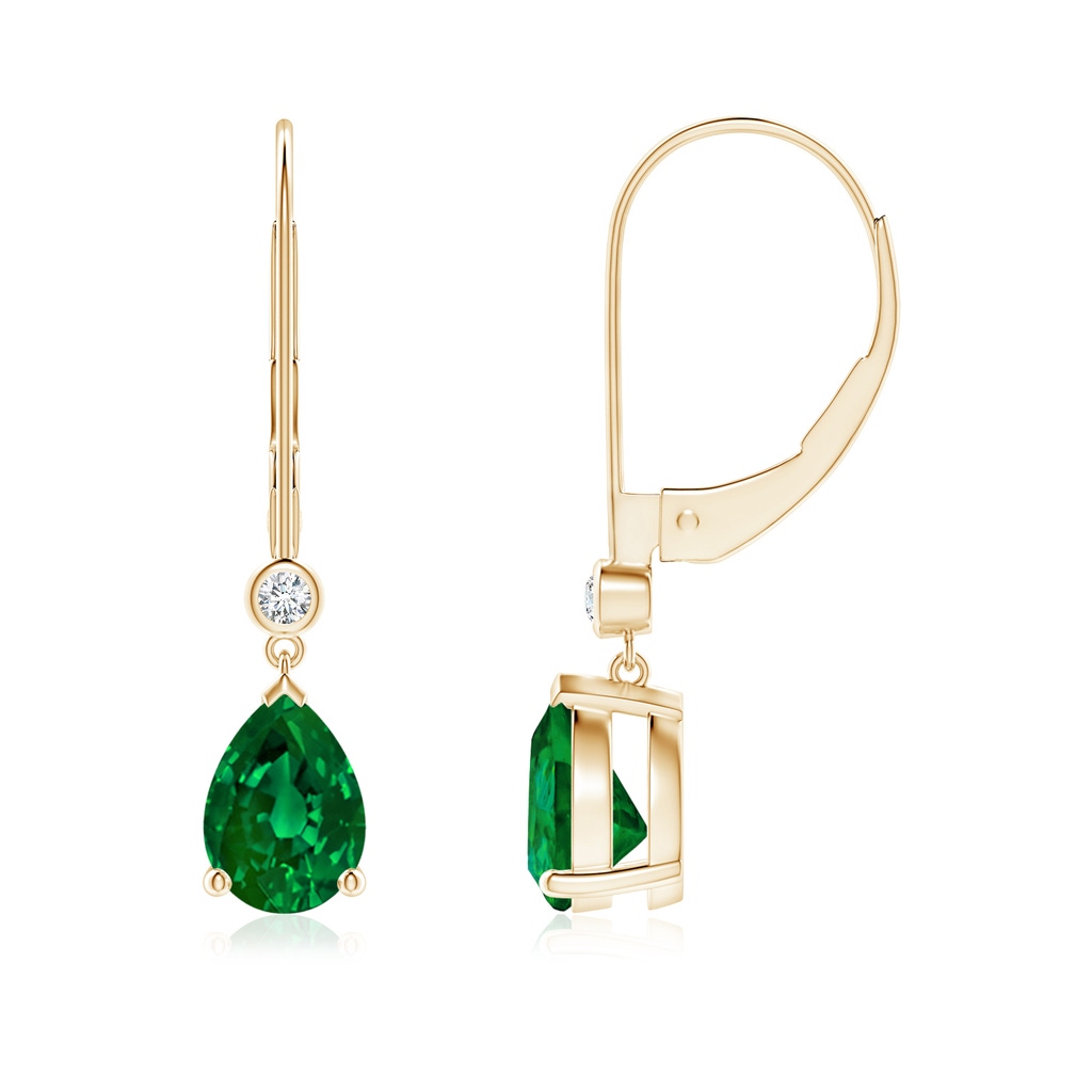 7x5mm Labgrown Lab-Grown Pear-Shaped Emerald Leverback Drop Earrings with Lab Diamond in Yellow Gold