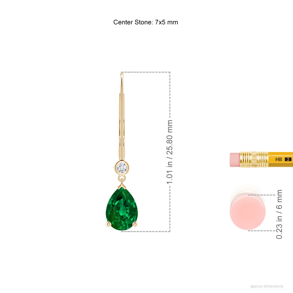 7x5mm Labgrown Lab-Grown Pear-Shaped Emerald Leverback Drop Earrings with Lab Diamond in Yellow Gold ruler