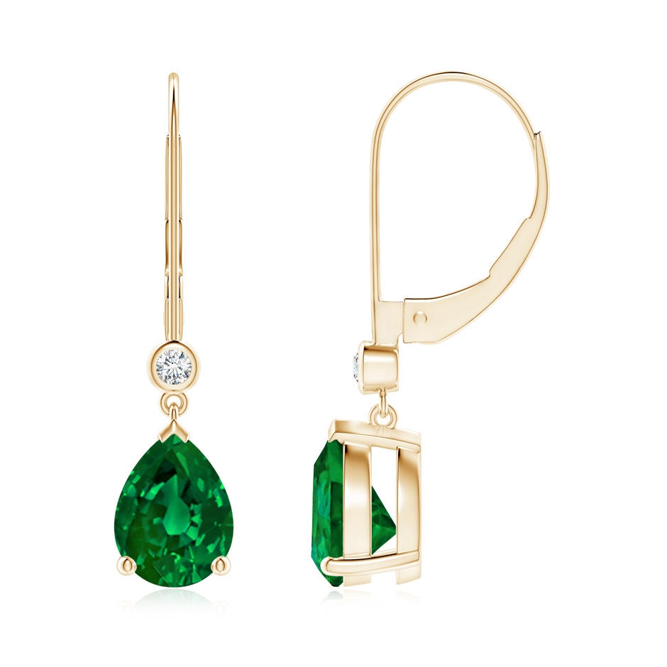 8x6mm Labgrown Lab-Grown Pear-Shaped Emerald Leverback Drop Earrings with Lab Diamond in Yellow Gold 