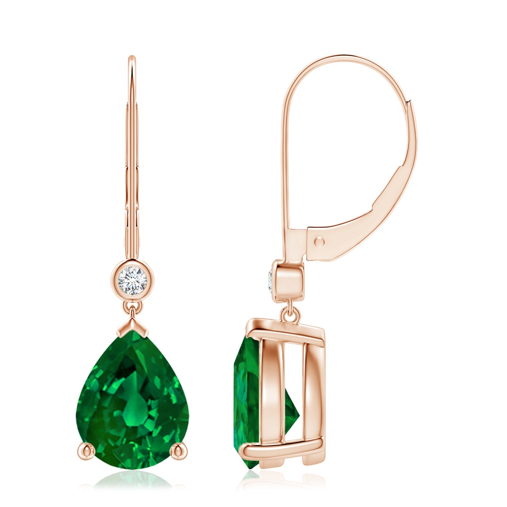 9x7mm Labgrown Lab-Grown Pear-Shaped Emerald Leverback Drop Earrings with Diamond in 10K Rose Gold