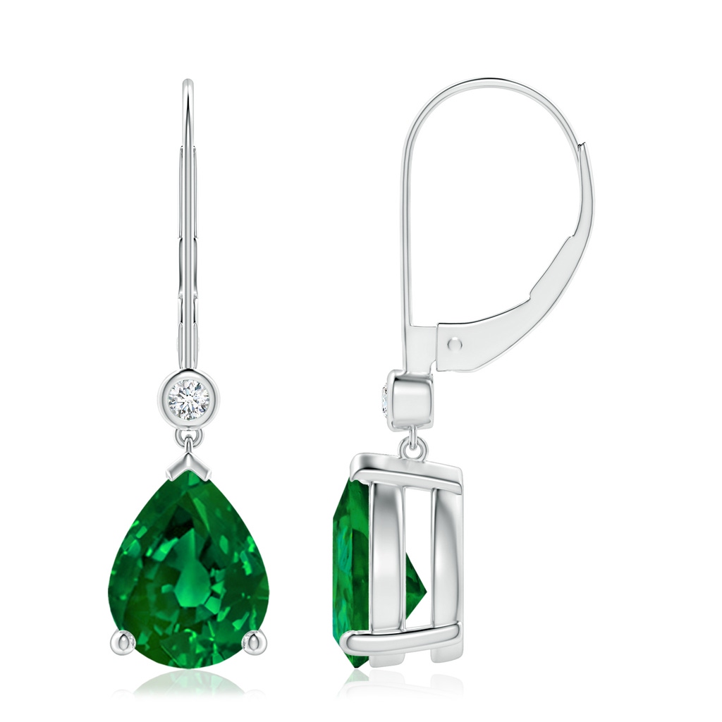 9x7mm Labgrown Lab-Grown Pear-Shaped Emerald Leverback Drop Earrings with Diamond in 9K White Gold