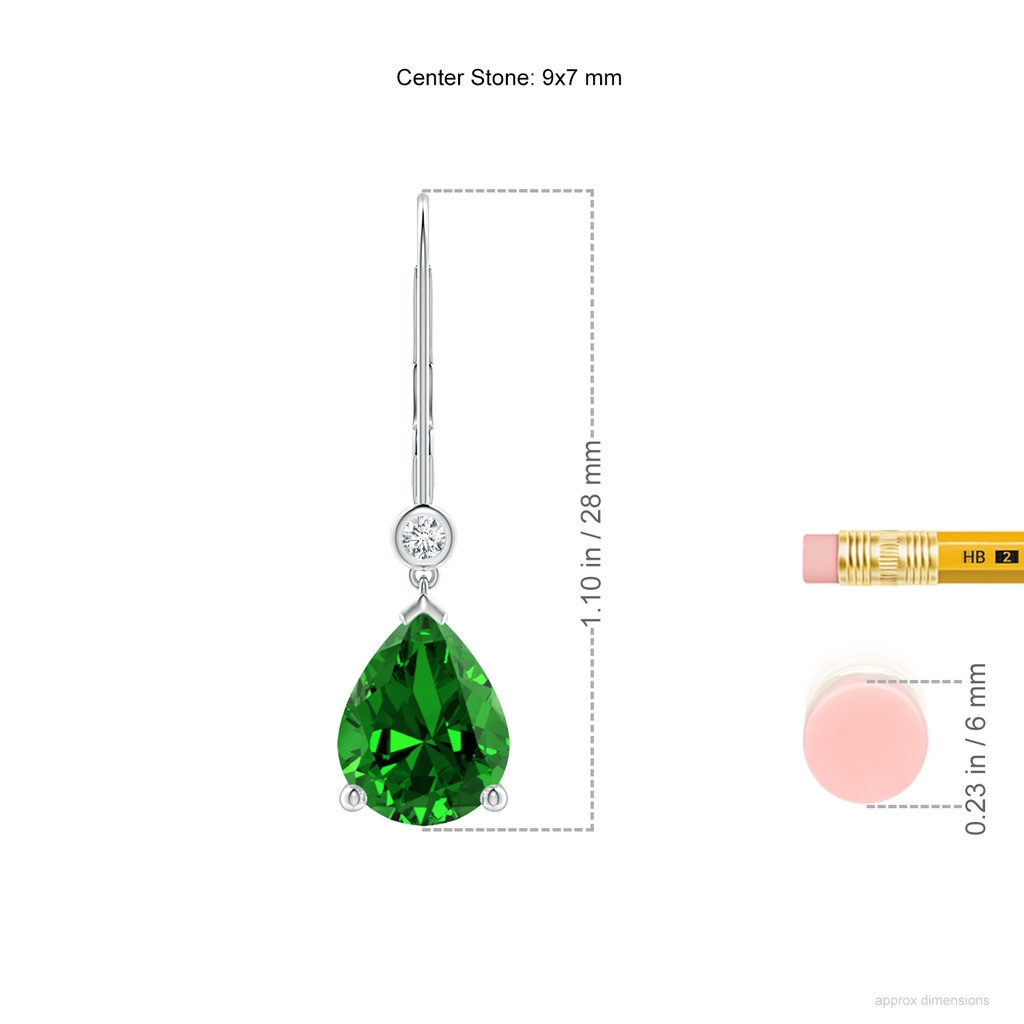 9x7mm Labgrown Lab-Grown Pear-Shaped Emerald Leverback Drop Earrings with Diamond in P950 Platinum ruler