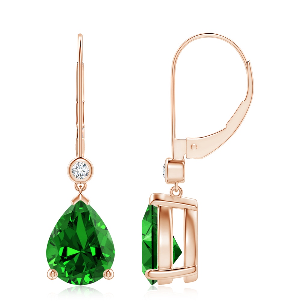 9x7mm Labgrown Lab-Grown Pear-Shaped Emerald Leverback Drop Earrings with Diamond in Rose Gold