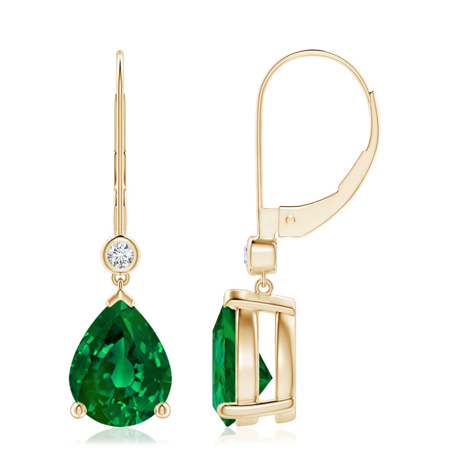 9x7mm Labgrown Lab-Grown Pear-Shaped Emerald Leverback Drop Earrings with Lab Diamond in Yellow Gold 