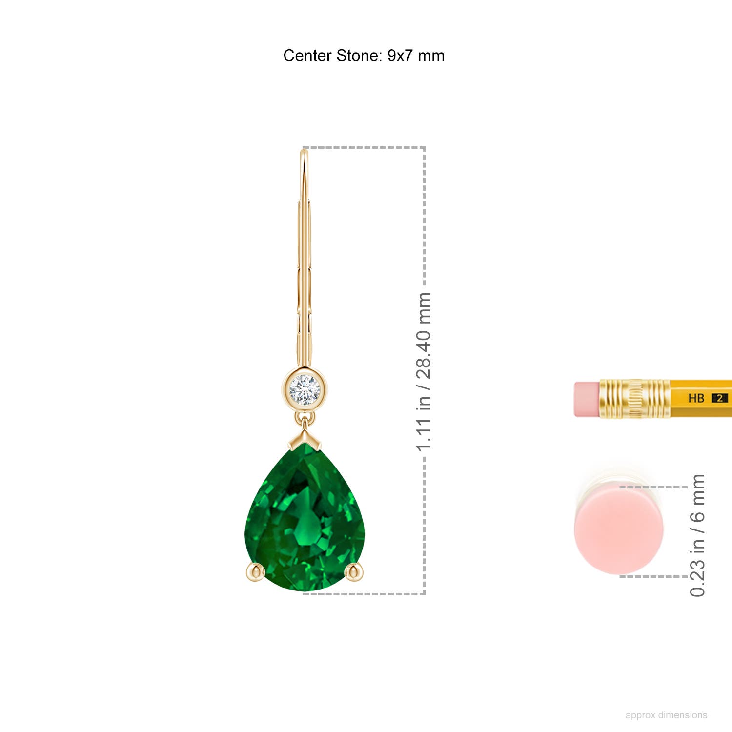 9x7mm Labgrown Lab-Grown Pear-Shaped Emerald Leverback Drop Earrings with Lab Diamond in Yellow Gold - ruler