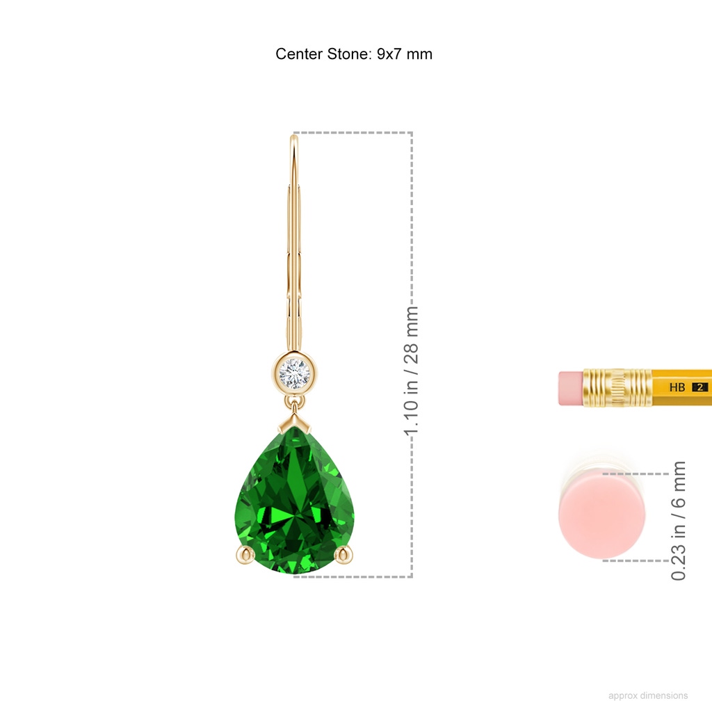 9x7mm Labgrown Lab-Grown Pear-Shaped Emerald Leverback Drop Earrings with Diamond in Yellow Gold ruler