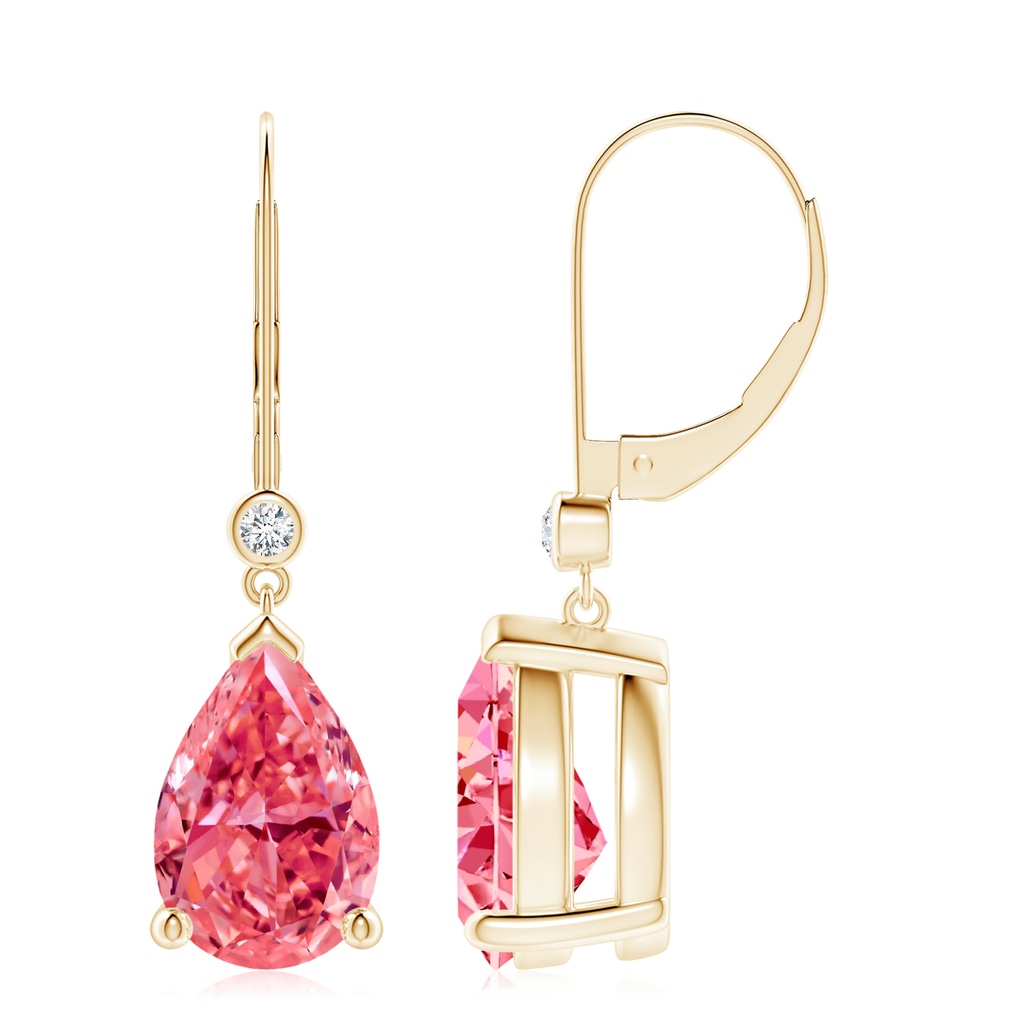 12x8mm Labgrown Pear-Shaped Lab-Grown Fancy Intense Pink Diamond Leverback Drop Earrings in Yellow Gold