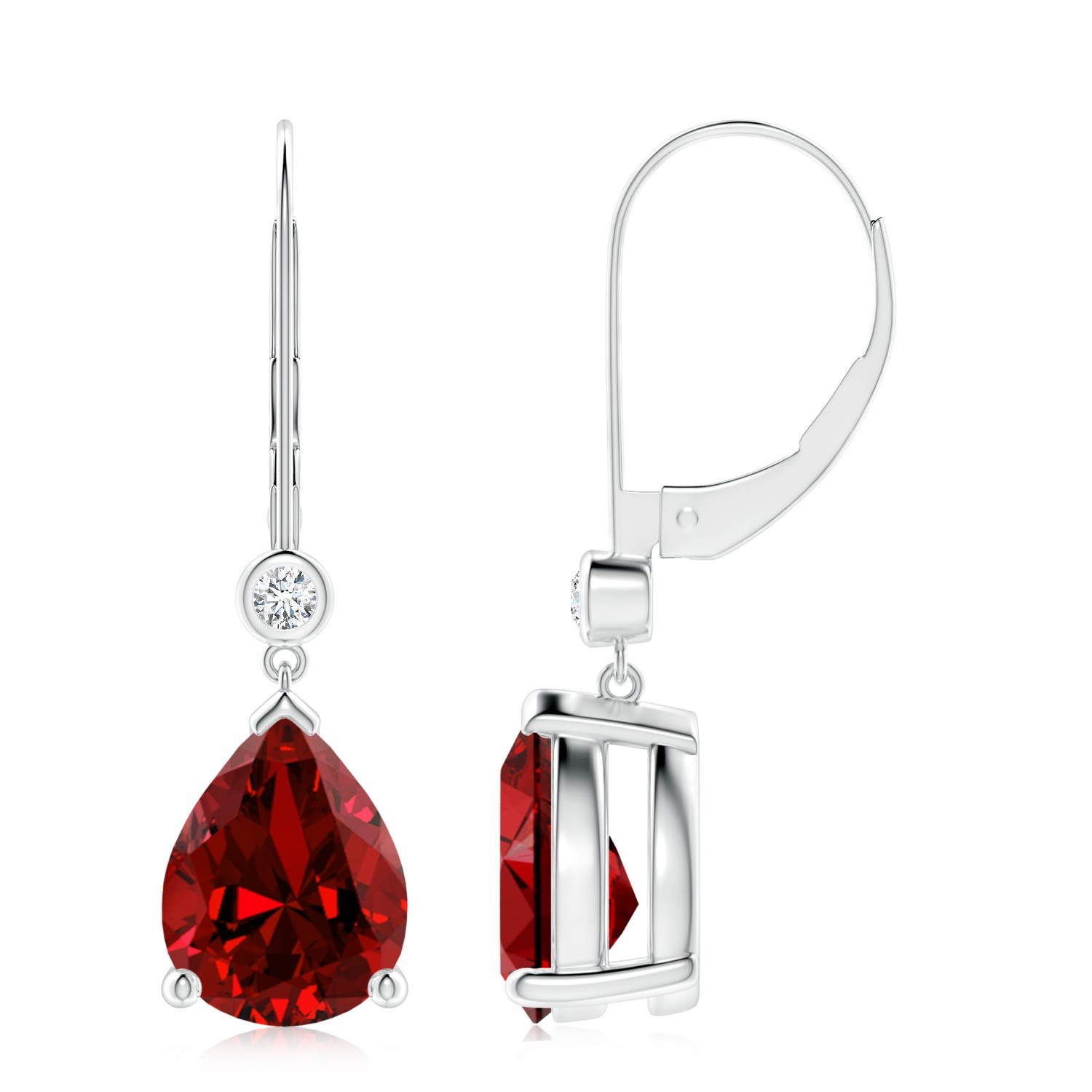 10x8mm Labgrown Lab-Grown Pear-Shaped Ruby Leverback Drop Earrings with Lab Diamond in 18CT White Gold