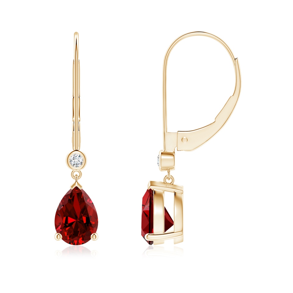 7x5mm Labgrown Lab-Grown Pear-Shaped Ruby Leverback Drop Earrings with Lab Diamond in Yellow Gold 
