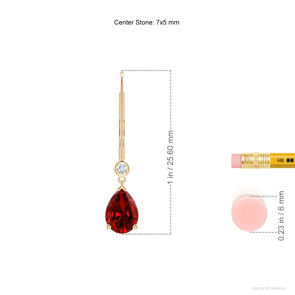 7x5mm Labgrown Lab-Grown Pear-Shaped Ruby Leverback Drop Earrings with Lab Diamond in Yellow Gold ruler