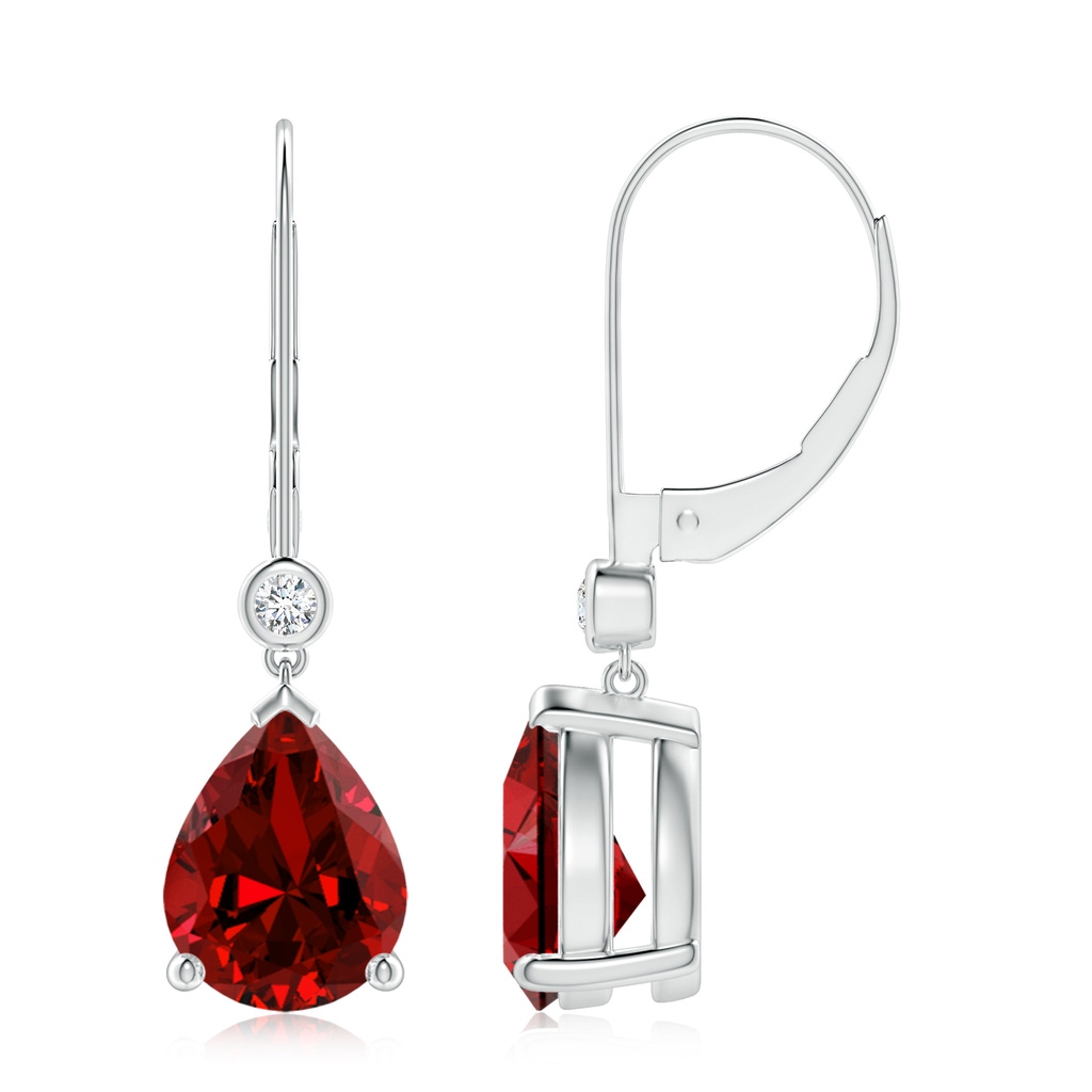 9x7mm Labgrown Lab-Grown Pear-Shaped Ruby Leverback Drop Earrings with Diamond in White Gold