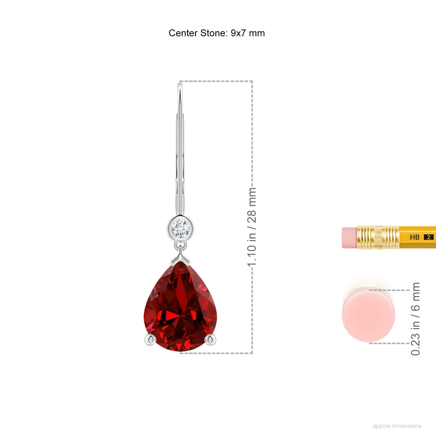 9x7mm Labgrown Lab-Grown Pear-Shaped Ruby Leverback Drop Earrings with Lab Diamond in White Gold - ruler