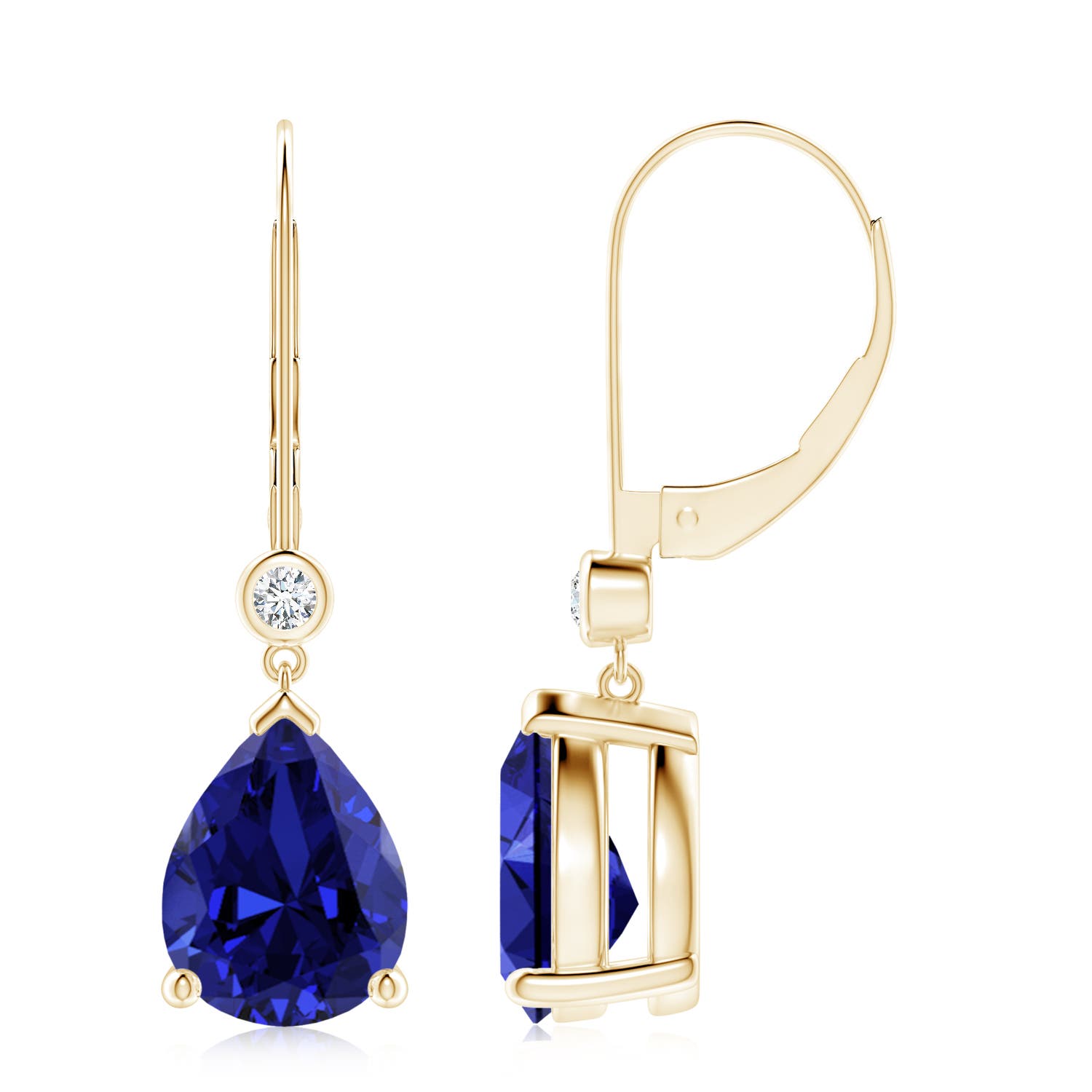 10x8mm Labgrown Lab-Grown Pear-Shaped Sapphire Leverback Drop Earrings with Lab Diamond in Yellow Gold
