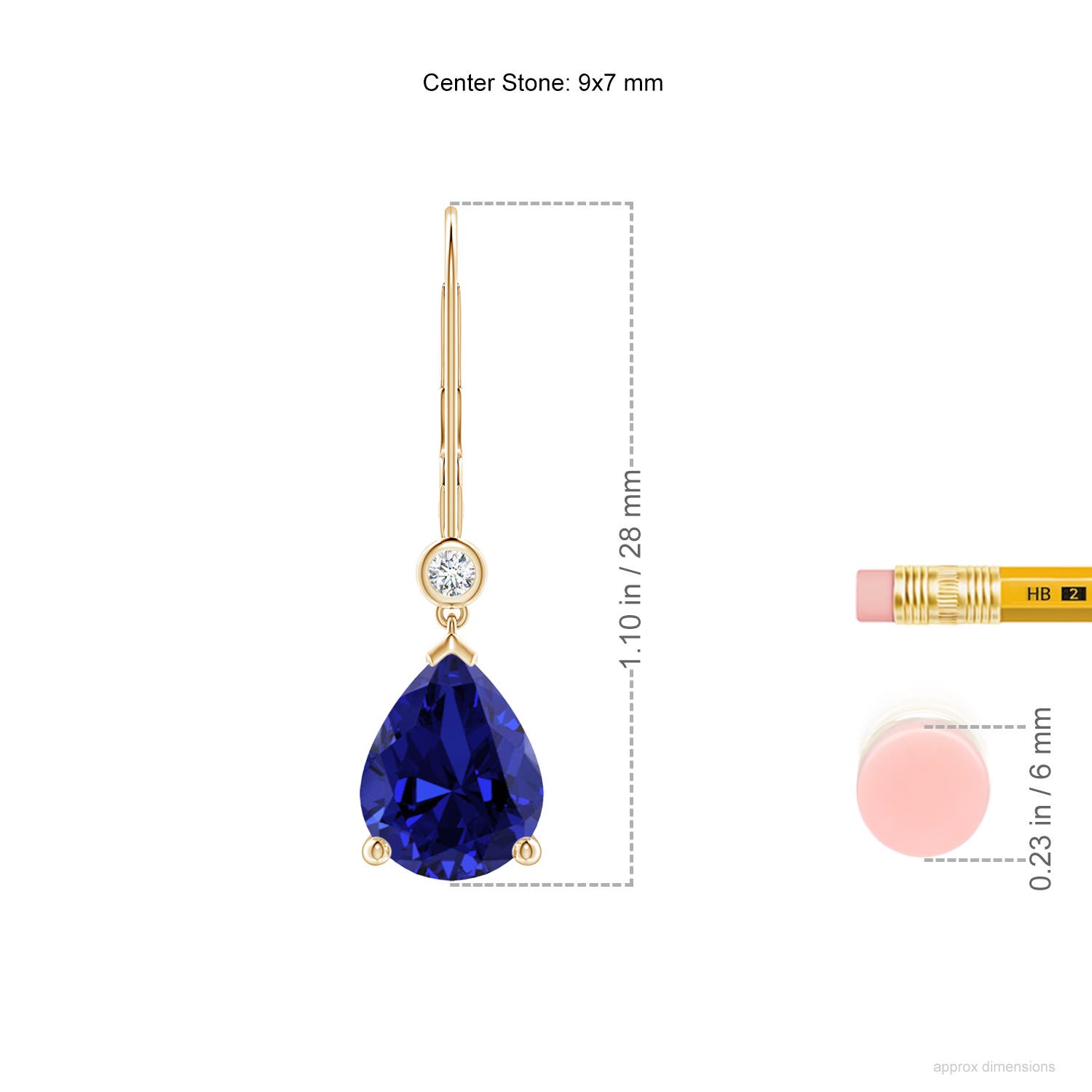 9x7mm Labgrown Lab-Grown Pear-Shaped Sapphire Leverback Drop Earrings with Lab Diamond in Yellow Gold - ruler