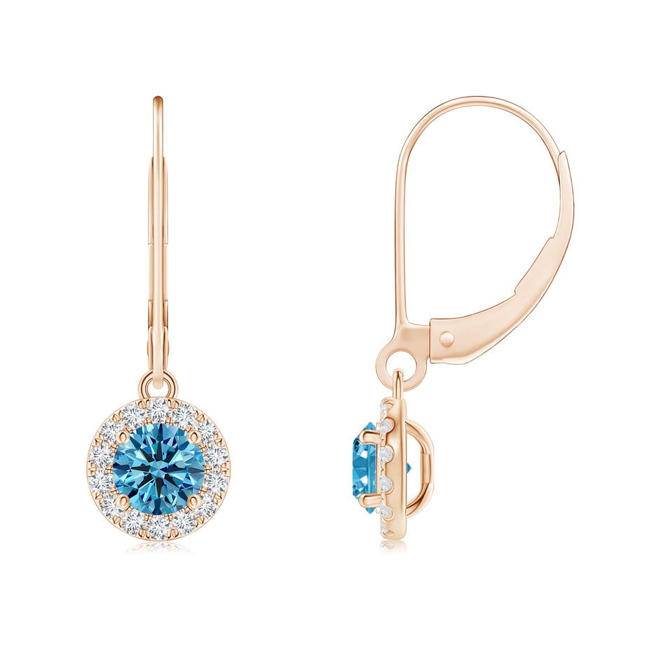 4.5mm Labgrown Round Lab-Grown Fancy Intense Blue Diamond Leverback Halo Dangle Earrings in Rose Gold 
