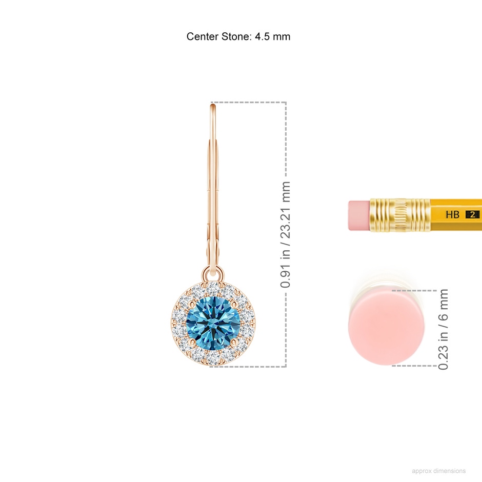 4.5mm Labgrown Round Lab-Grown Fancy Intense Blue Diamond Leverback Halo Dangle Earrings in Rose Gold ruler
