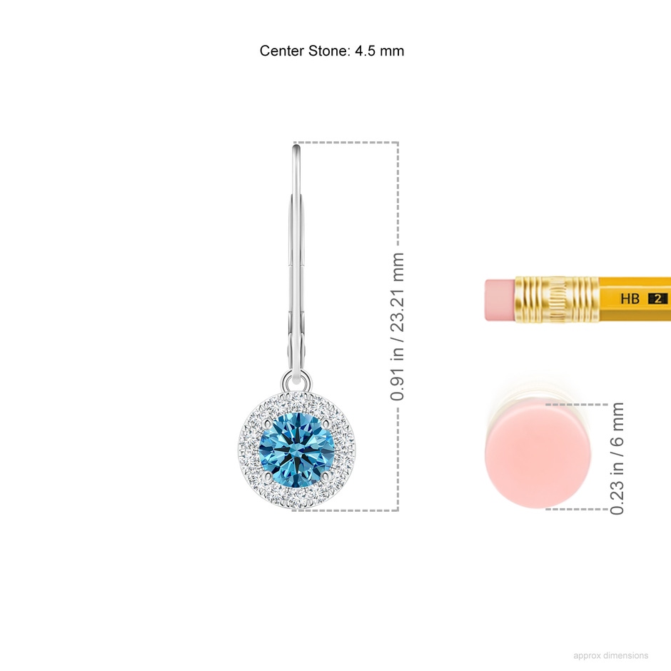 4.5mm Labgrown Round Lab-Grown Fancy Intense Blue Diamond Leverback Halo Dangle Earrings in White Gold ruler