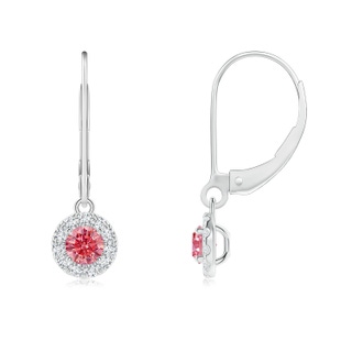 3.5mm Labgrown Round Lab-Grown Fancy Intense Pink Diamond Leverback Halo Dangle Earrings in P950 Platinum