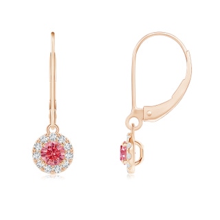 3.5mm Labgrown Round Lab-Grown Fancy Intense Pink Diamond Leverback Halo Dangle Earrings in Rose Gold