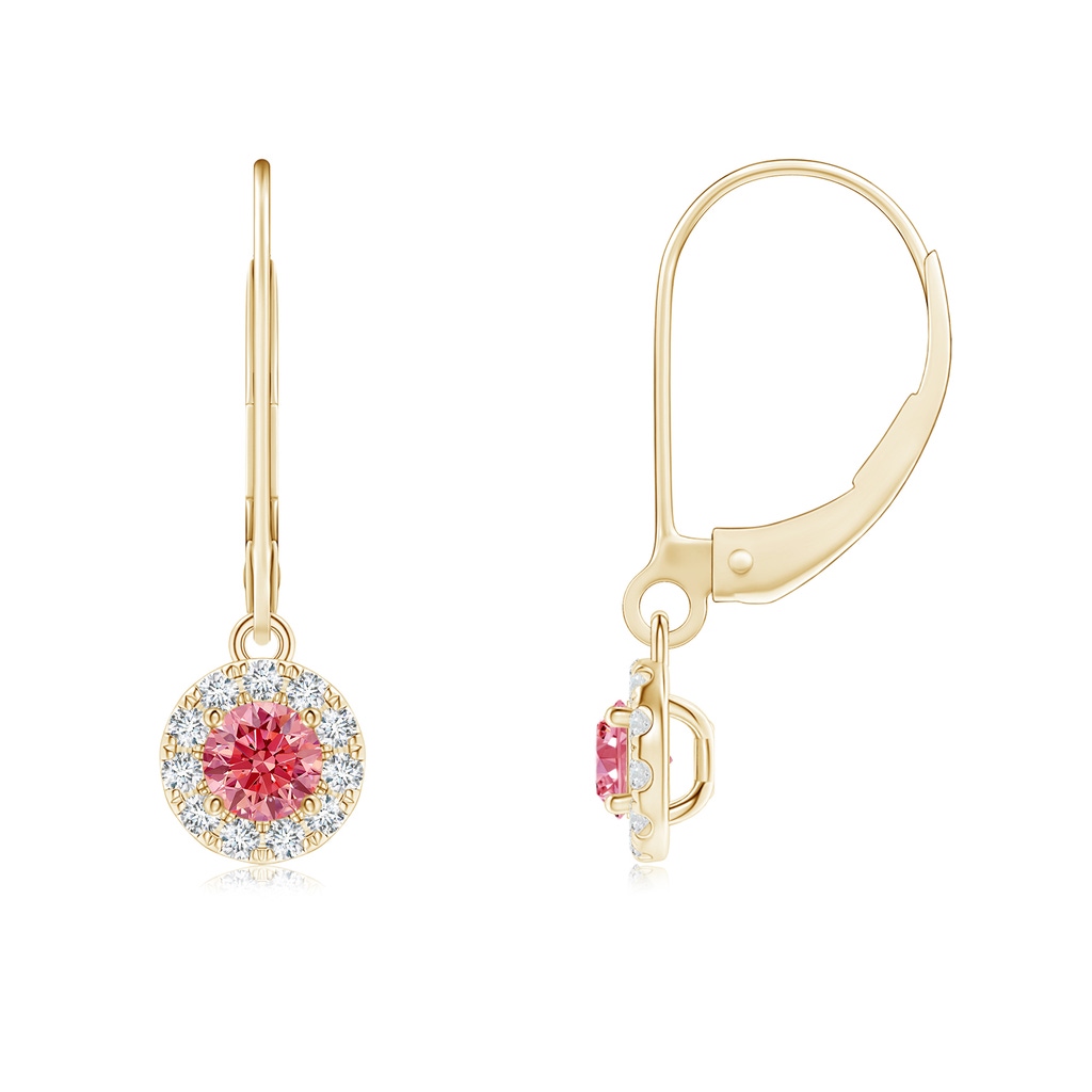 3.5mm Labgrown Round Lab-Grown Fancy Intense Pink Diamond Leverback Halo Dangle Earrings in Yellow Gold